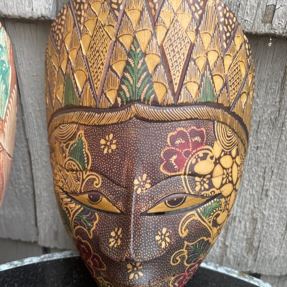 Batik Topeng Wood Hand Carved Mask Lot 2 Indonesian - Picture 3 of 7